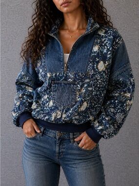 Vintage Denim Patchwork Beach Bomber Jacket